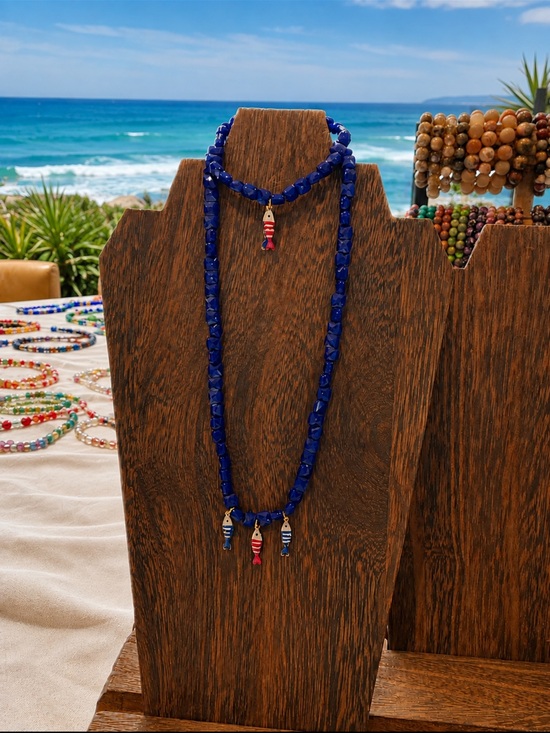 Jewelry - Handcrafted Blue Beaded Necklace and bracelet set with Nautical 3 fish Charm